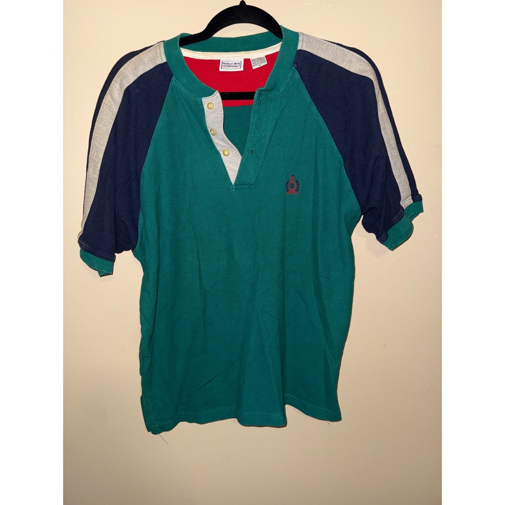 Vintage Bugle Boy Company Mens Medium Colorblock Raglan Henley Polo Shirt Teal